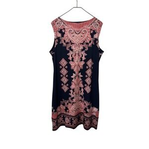 JM Collection 2X Navy Blue Pink Paisley V-Neck Sleeveless Knee Length Dress 2X